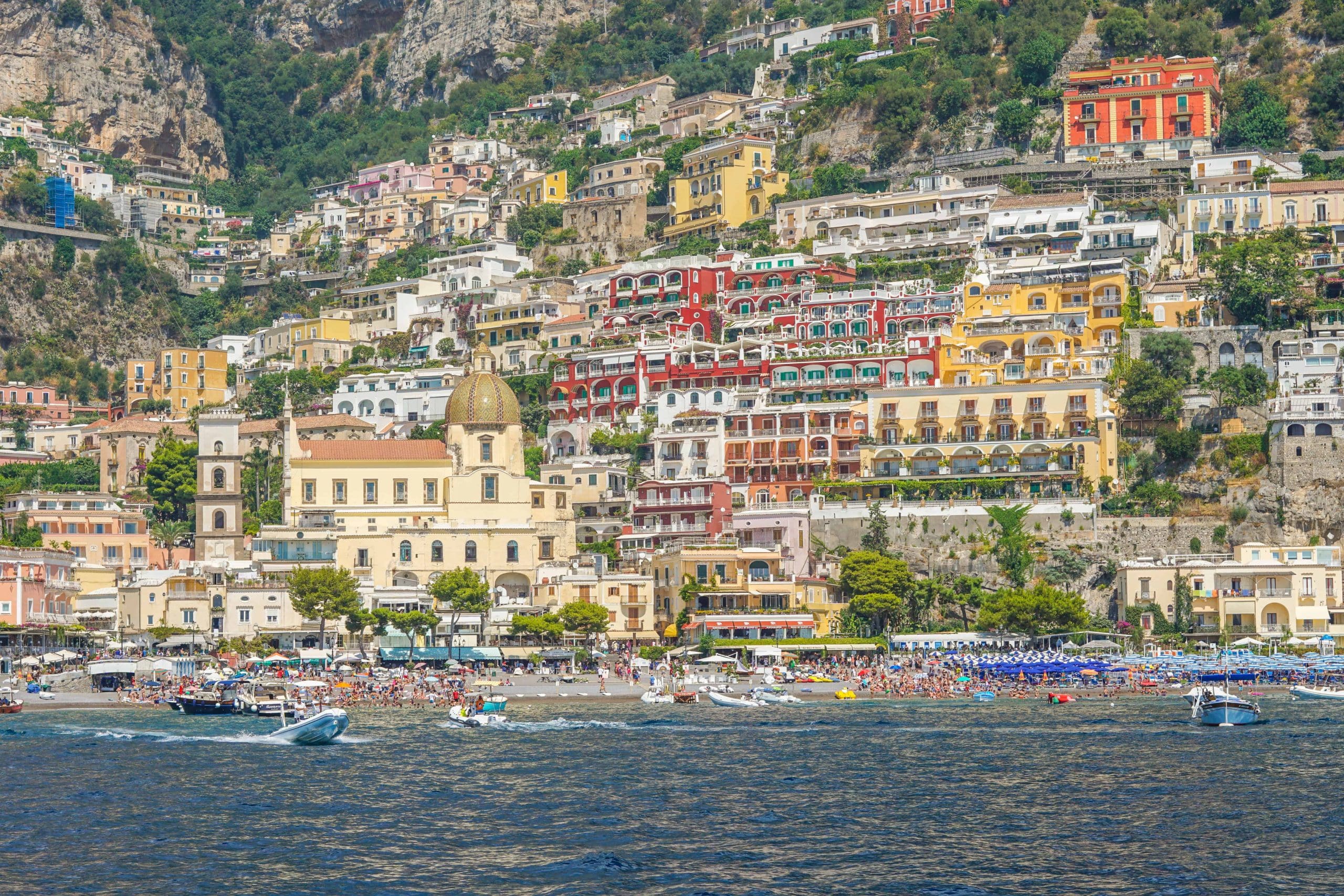 Positano view from the boat, the perfect Amalfi Coast road trip itinerary