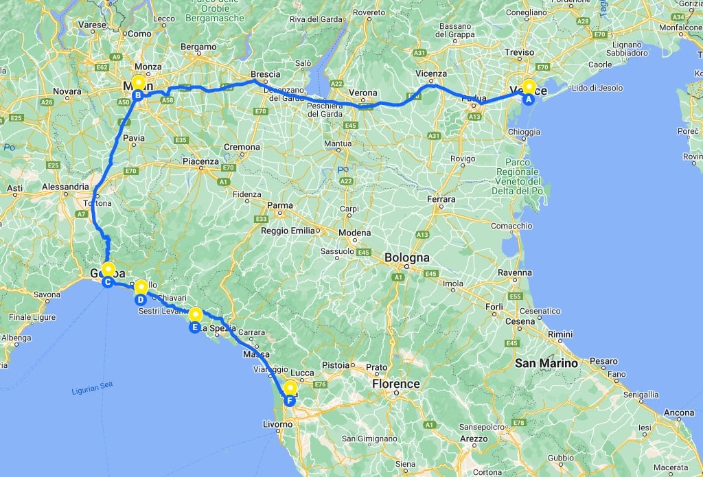 10 days Italy Itinerary map option 3